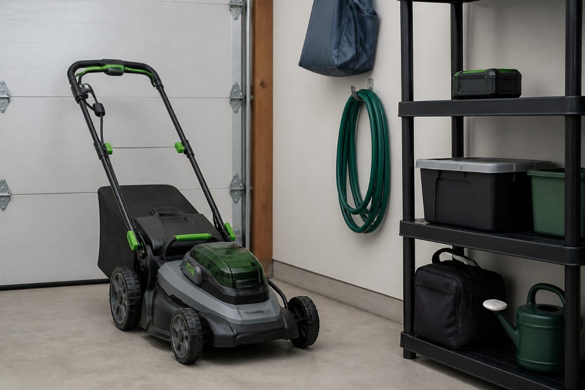 A cordless mower is stored with its removable battery set separately on a dry indoor shelf.