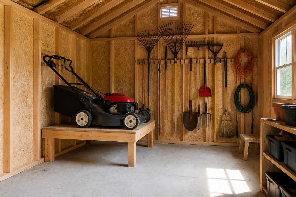 A lawn mower is kept off the floor in a dry, protected shed for winter storage.