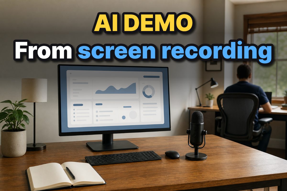 A screen recording setup in a home office with a monitor, microphone, and notebook.