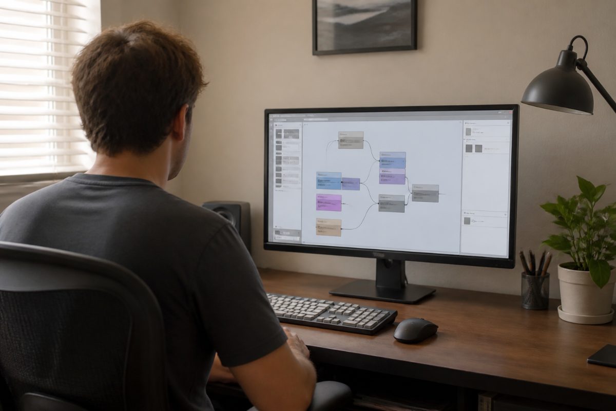 A person prepares a software workflow on a desktop computer before recording a demo.