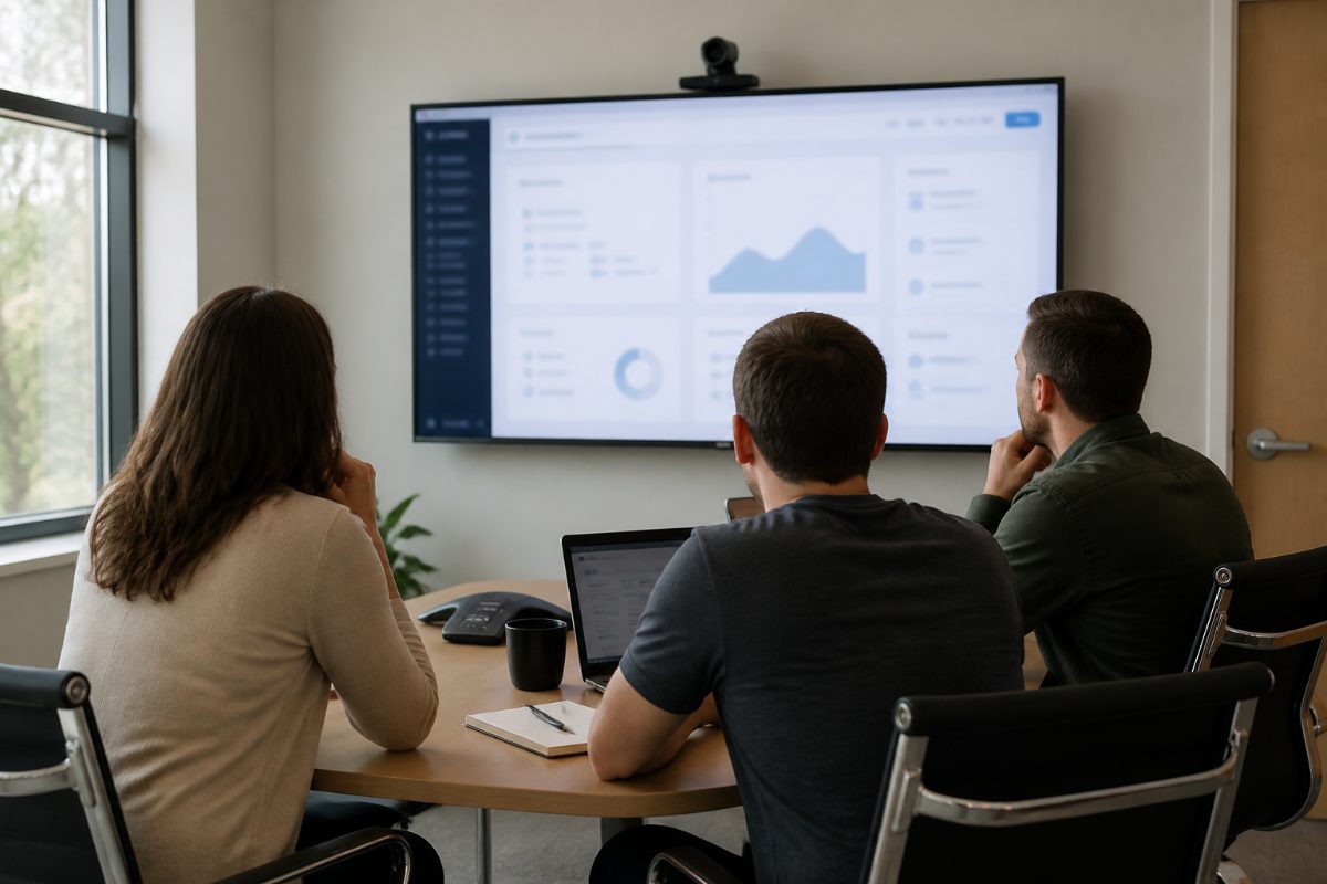 A small team reviews a product demo video together in a conference room.