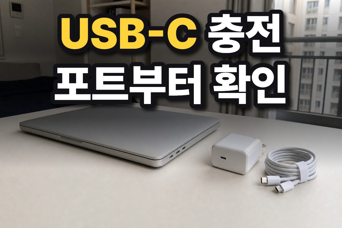 한국 가정의 책상 위에 놓인 노트북과 USB-C 충전기, 케이블