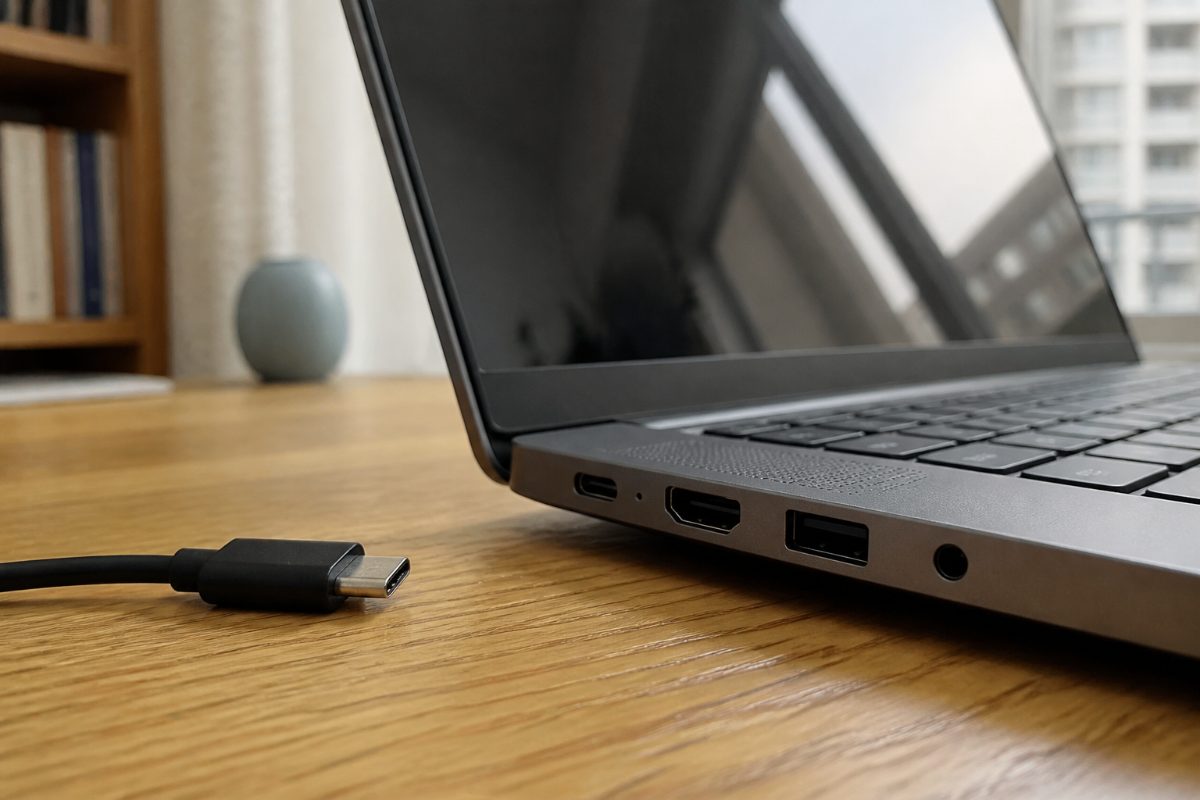 노트북 측면의 USB-C 포트와 연결 전 놓인 충전 케이블