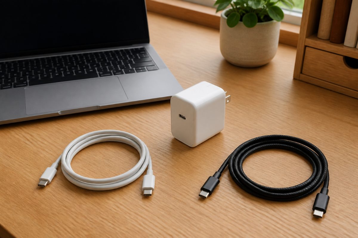 노트북 충전기와 서로 다른 USB-C 케이블을 비교할 수 있게 놓은 모습