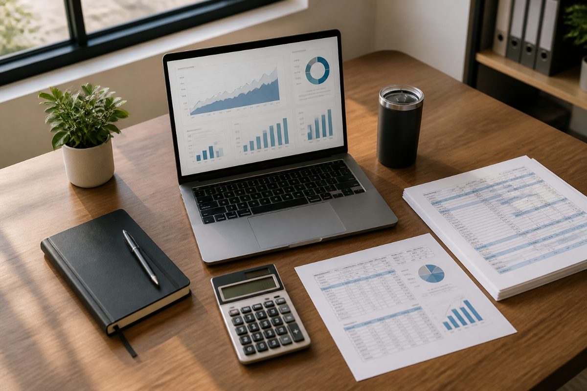 A laptop and organized financial records illustrate preparing year-to-date data for forecasting.