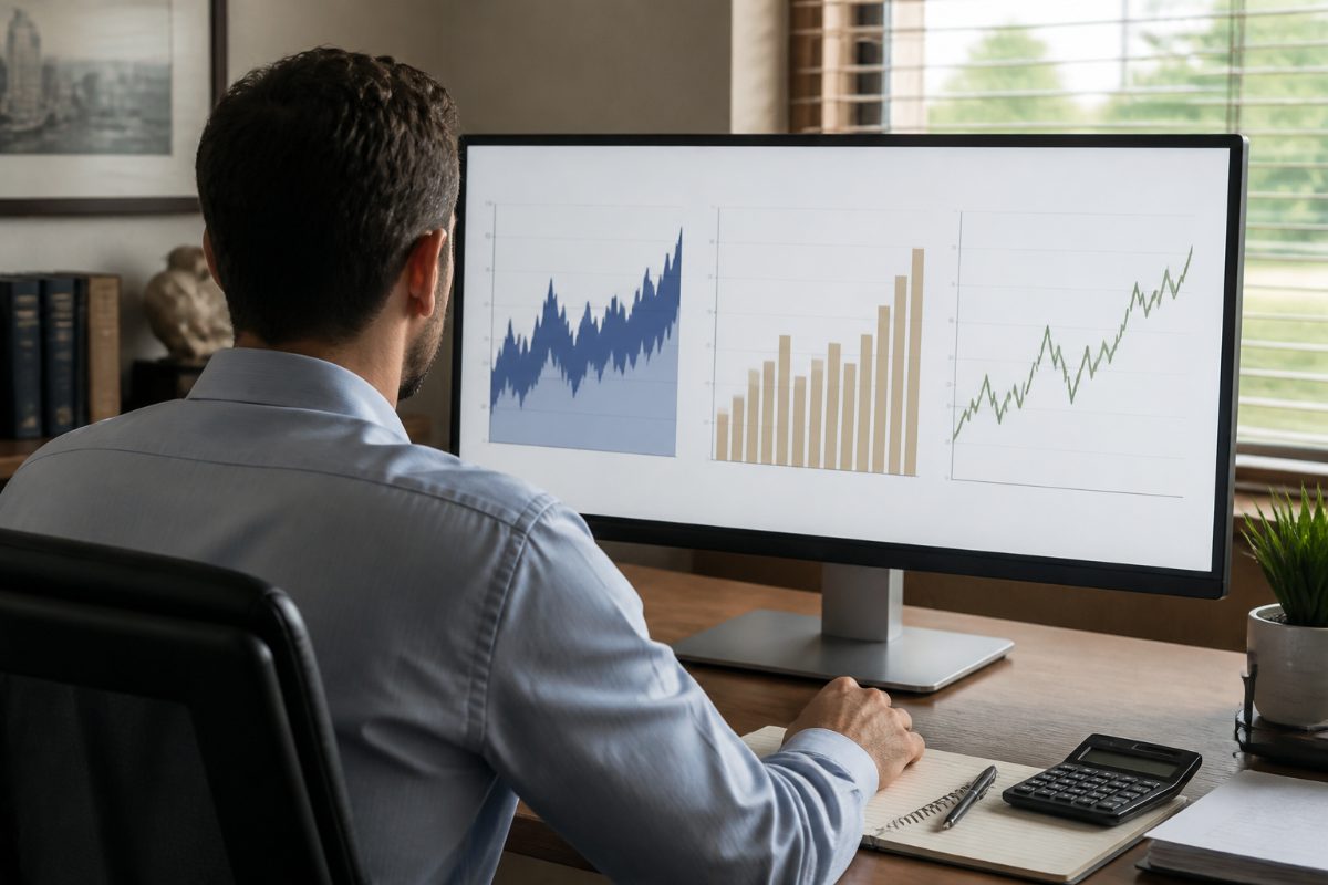 A finance professional compares multiple budget scenarios on a monitor.