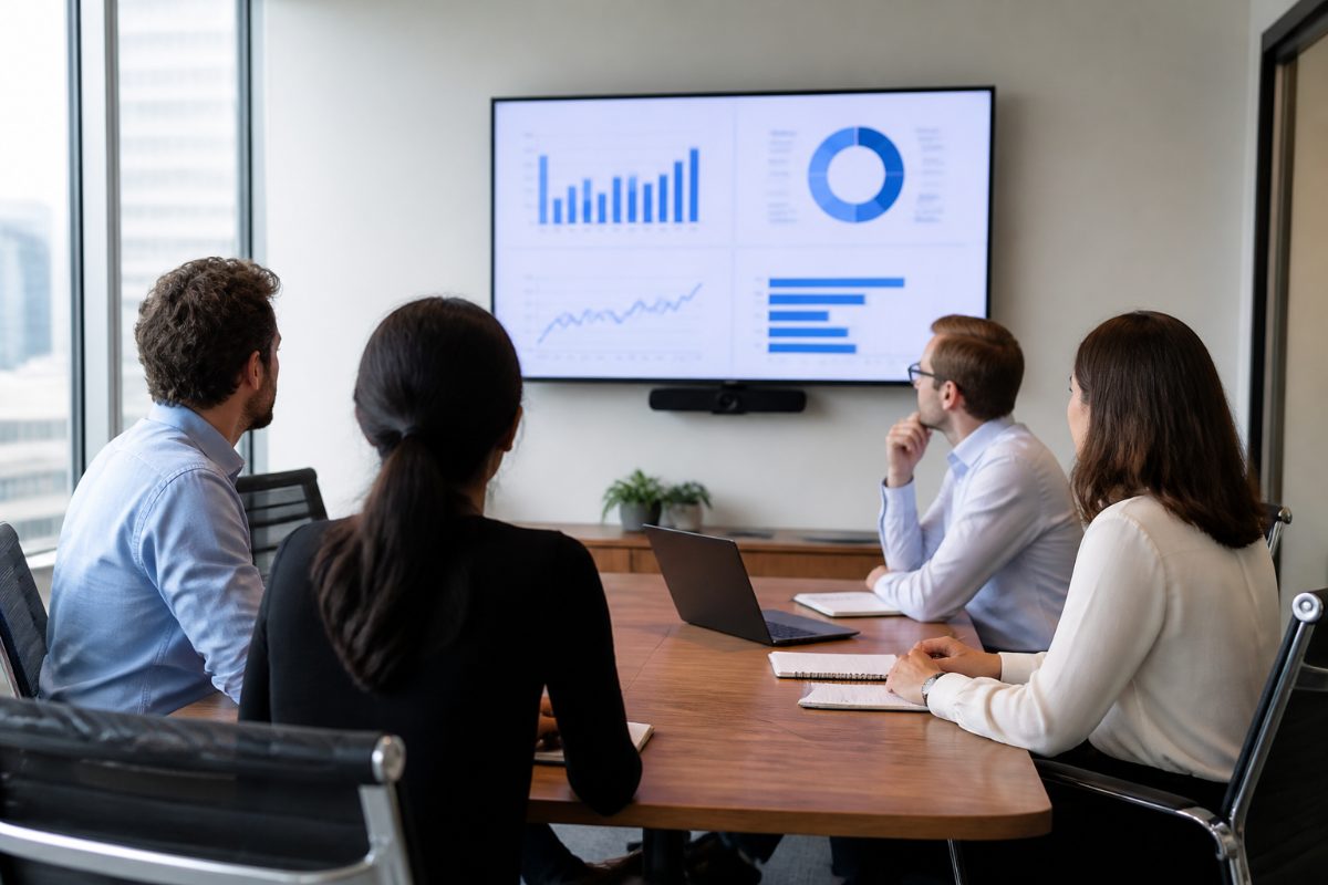 A team reviews financial assumptions and an AI-assisted budget forecast together.