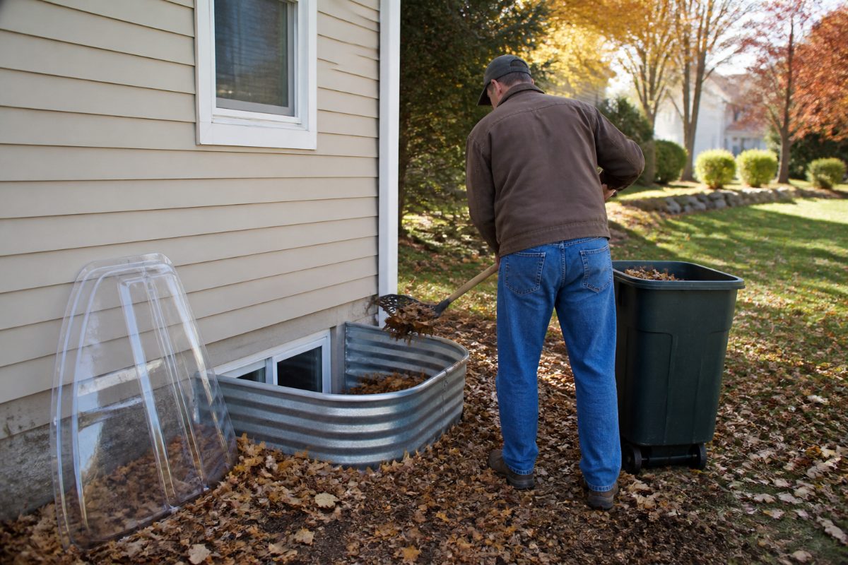A person uses a small rake to remove dry leaves from a basement window well.