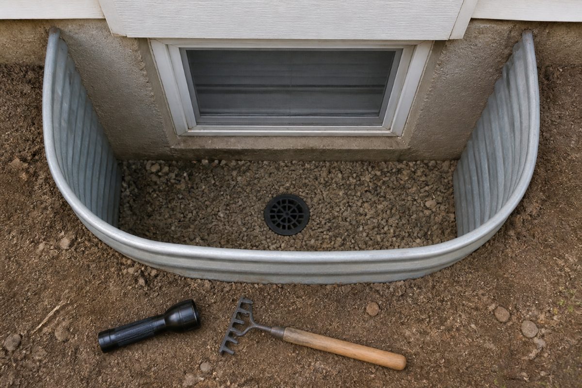 A cleared window well with its drain opening visible for inspection.