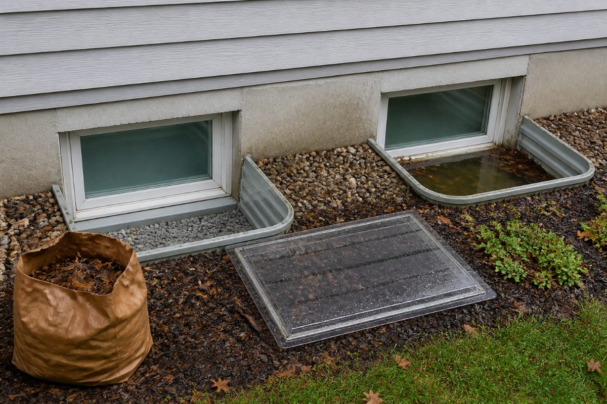 Two basement window wells illustrate the difference between a clear well and one with collected leaves and water.