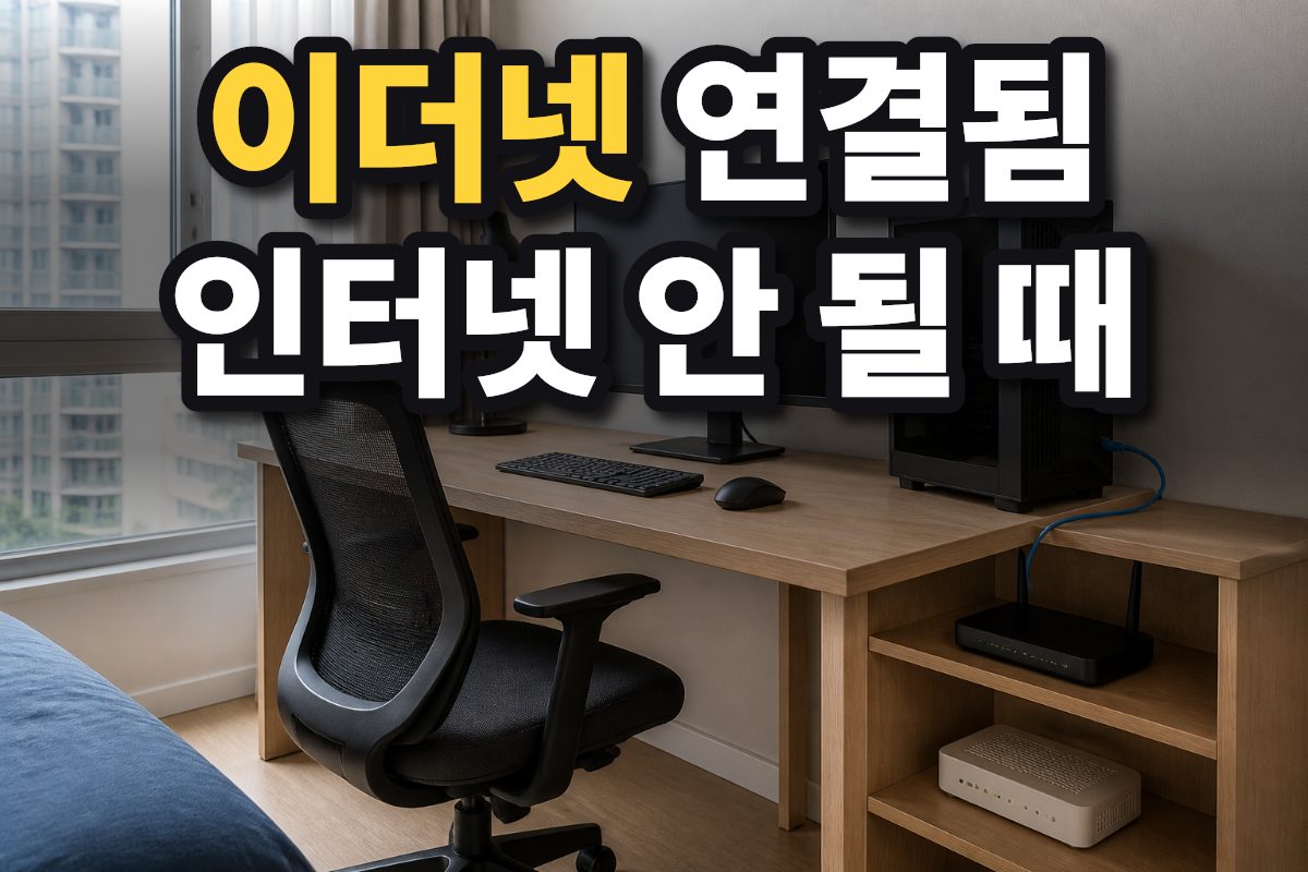 한국 가정의 책상 아래 공유기와 모뎀, PC를 연결한 이더넷 케이블이 보입니다.