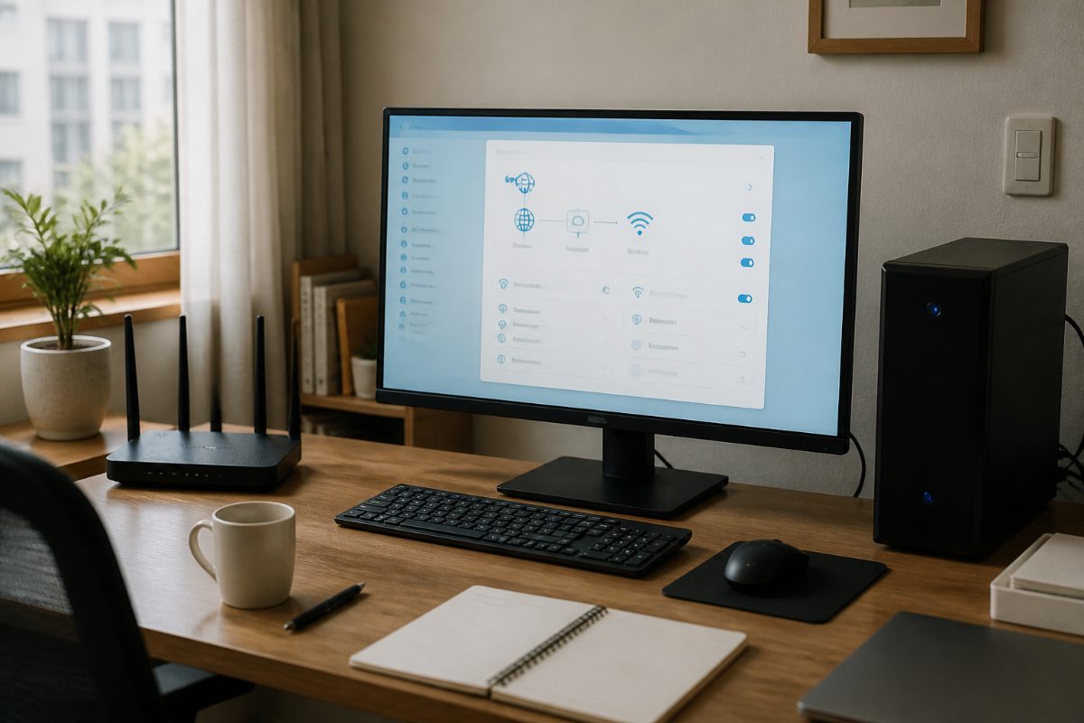 가정용 PC와 공유기 앞에서 Windows 네트워크 설정을 점검하는 환경입니다.