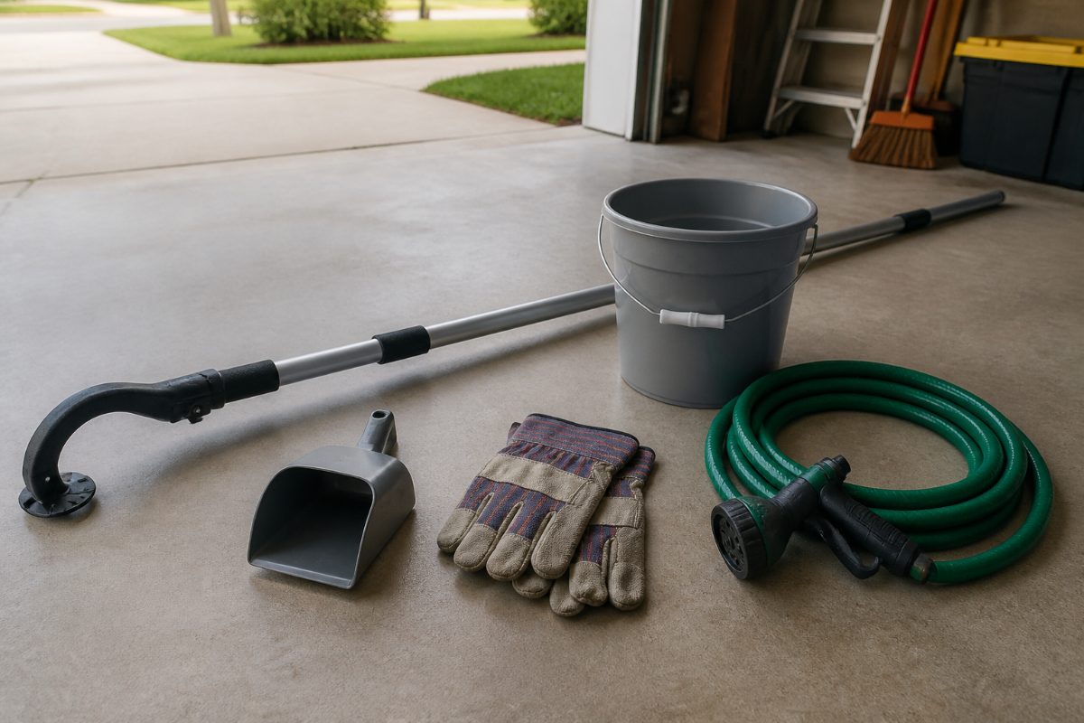 An extension pole, gutter scoop, heavy gloves, hose nozzle, and bucket arranged for gutter cleaning.
