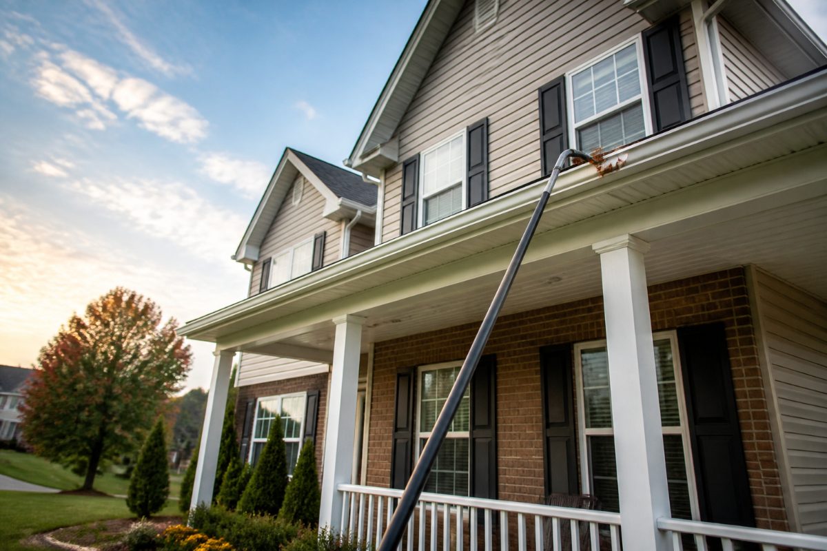 A long pole-mounted gutter cleaning head reaches leaves along the edge of a two-story house.