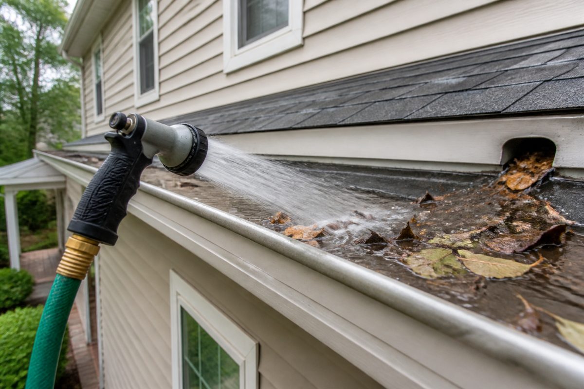 A hose nozzle rinses loose leaves through a gutter toward its downspout outlet.