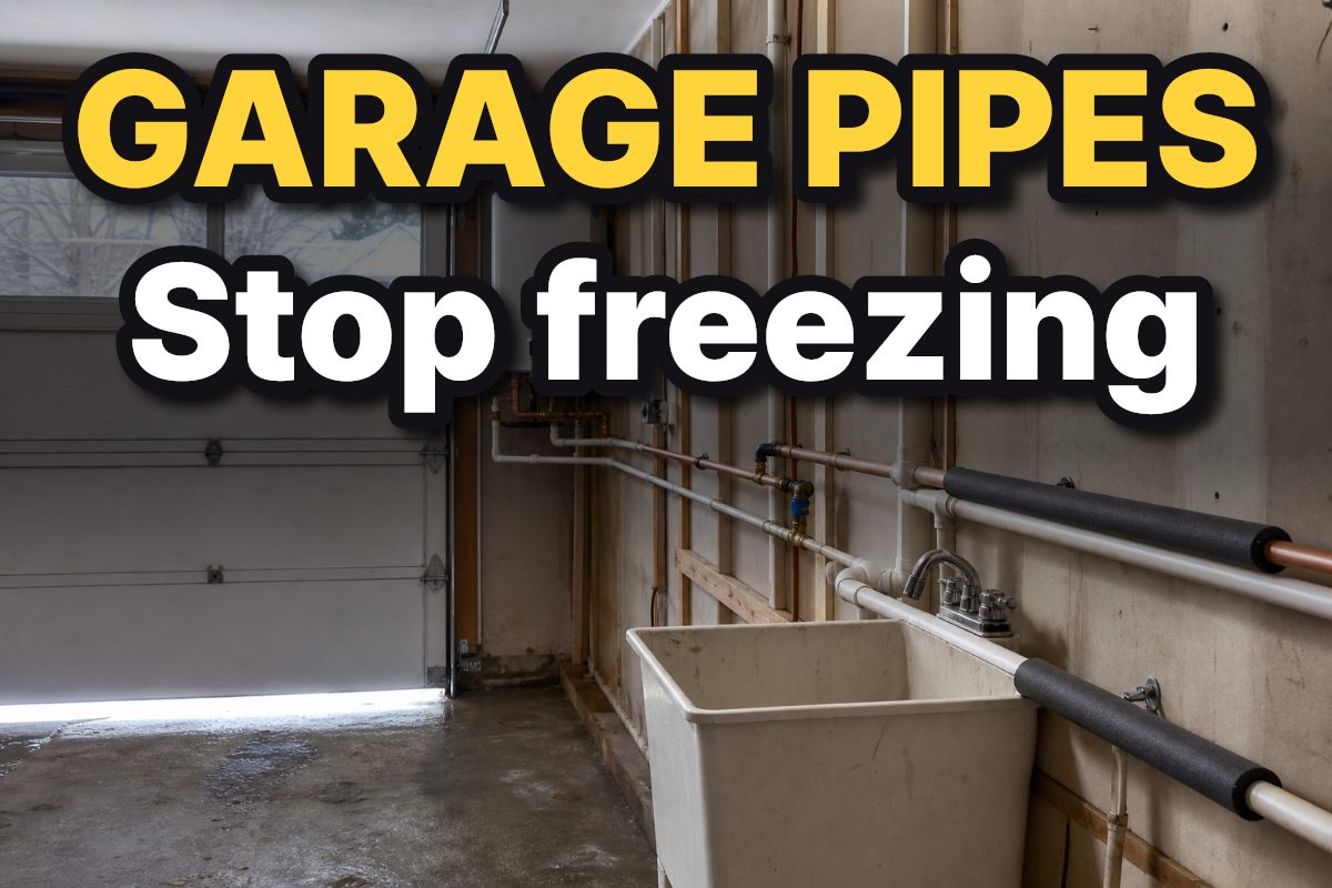 Exposed garage plumbing runs beside a utility sink, with foam insulation on sections of pipe.