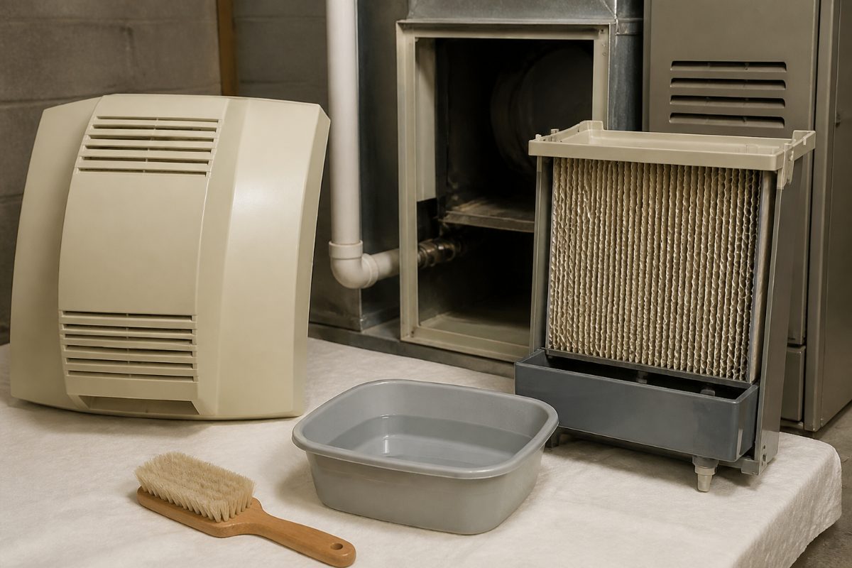 A humidifier cover and water-panel housing set out for inspection beside a soft brush and warm water.