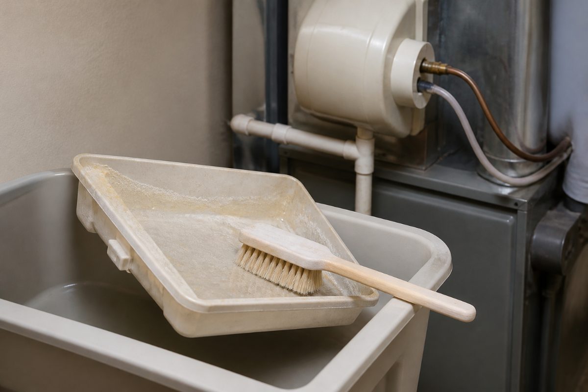 A removable humidifier distribution tray with mineral scale beside a soft brush and rinse basin.