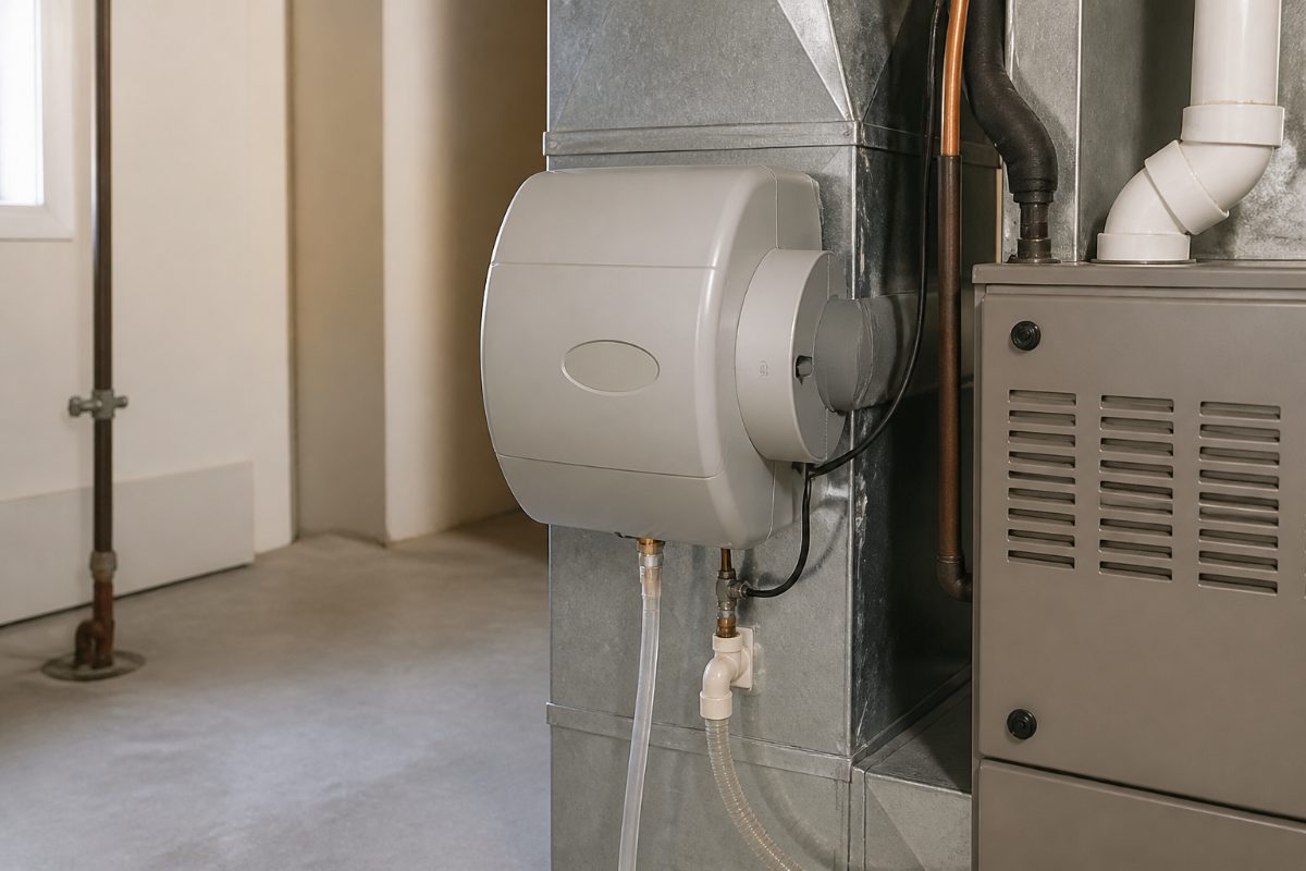 A reassembled whole-house humidifier with its water tubing and drain hose aligned beside the furnace.