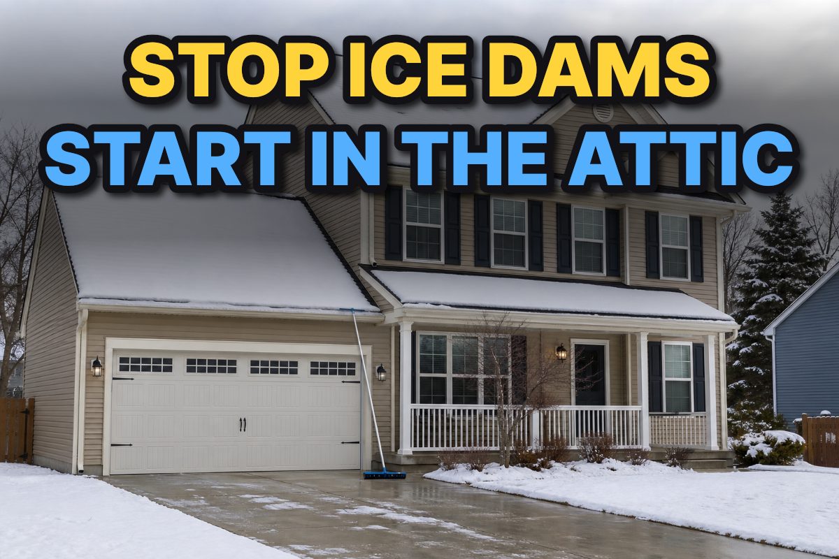 A snow-covered American home with roof edges and attic ventilation visible before winter.