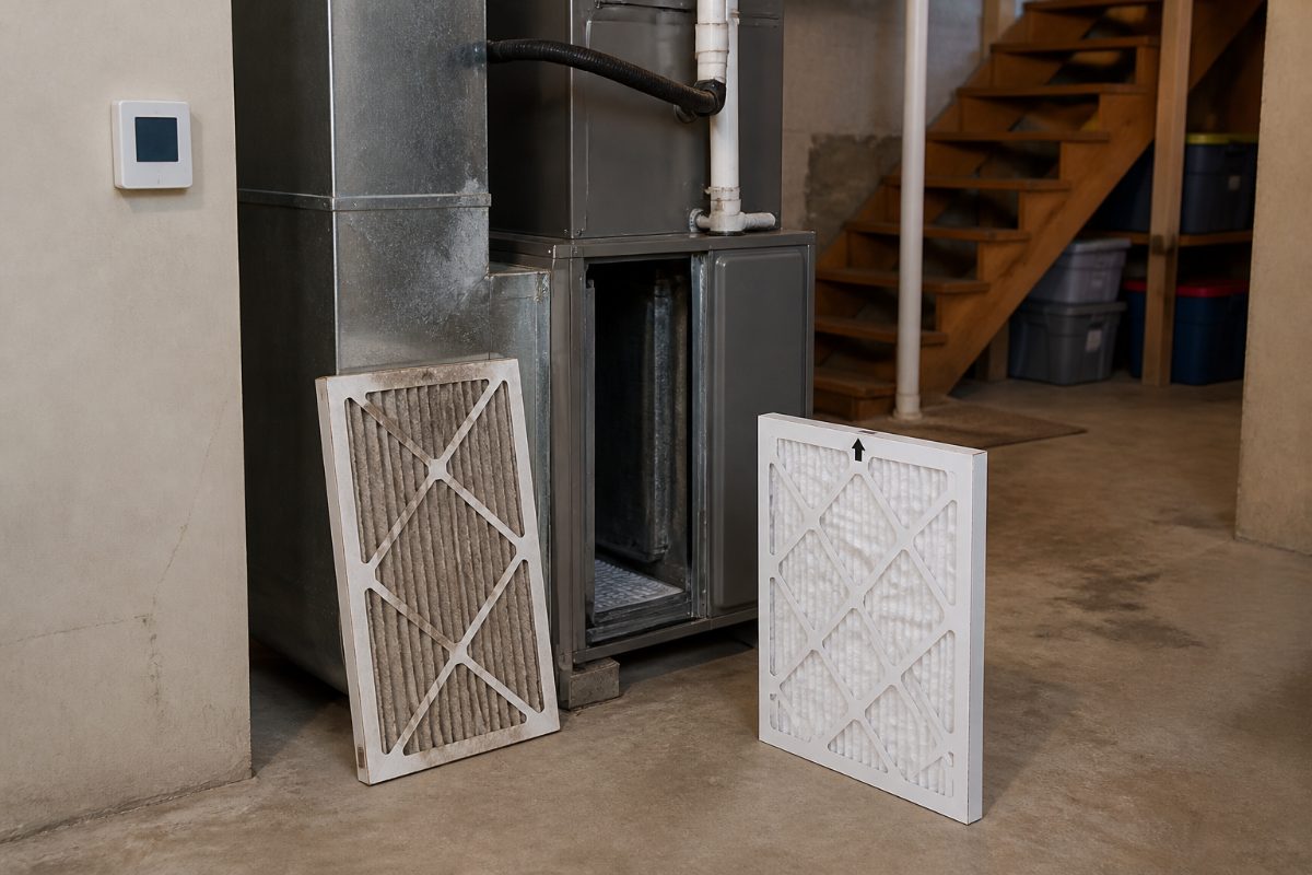 A replacement furnace filter sits beside an open HVAC filter compartment, ready to be installed toward the air handler.