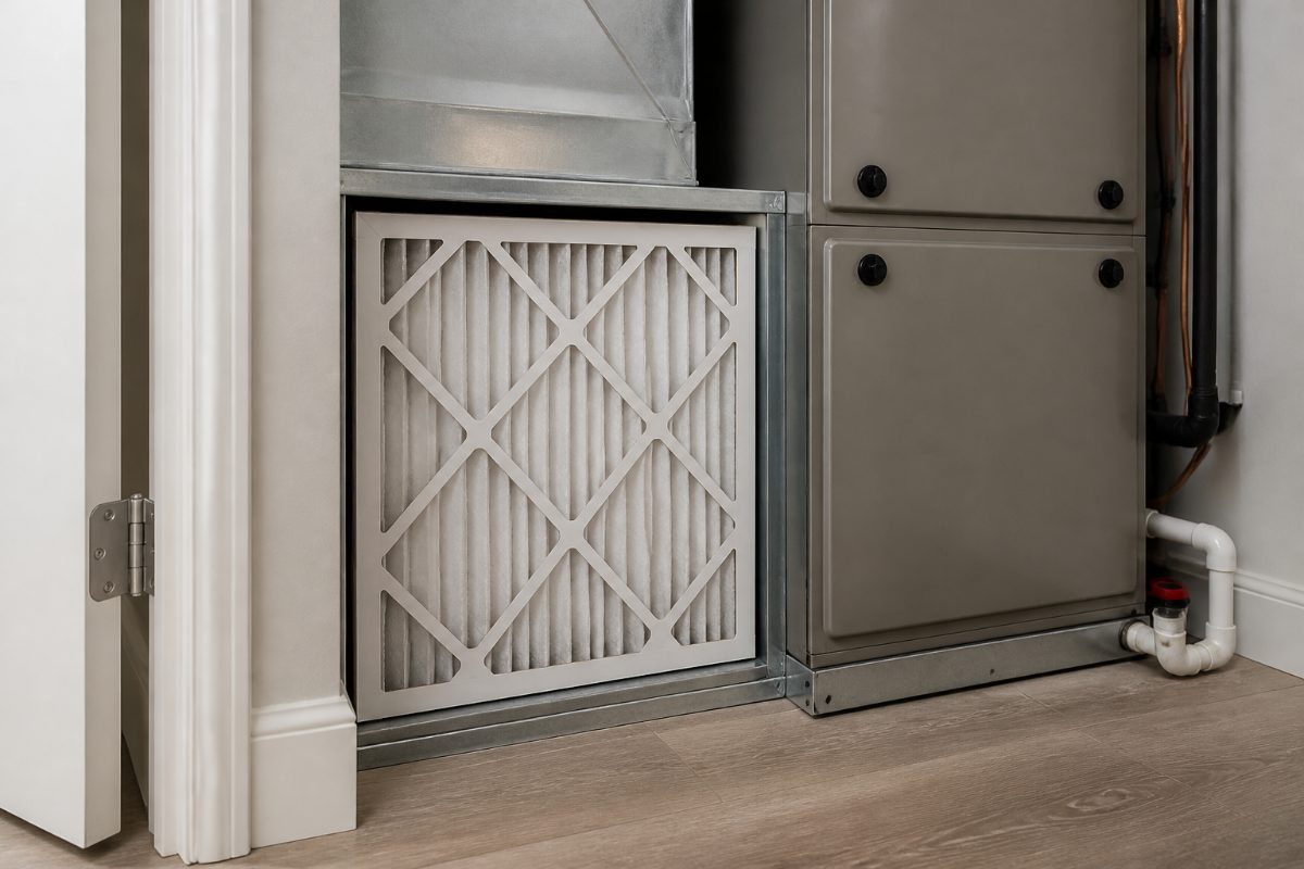 A pleated furnace filter is seated in its slot with the airflow arrow pointing toward the air handler.