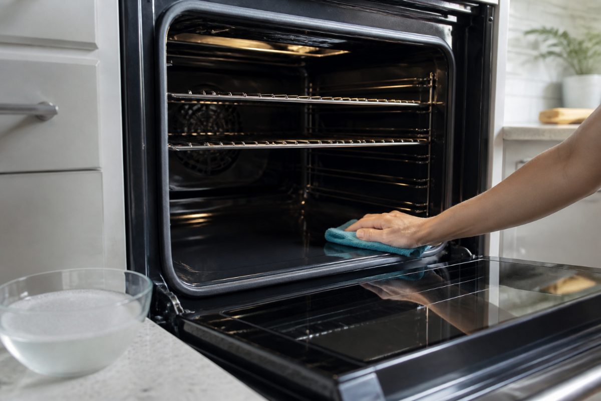 A damp cloth and mild soapy solution are used to clean the interior of a cool oven.
