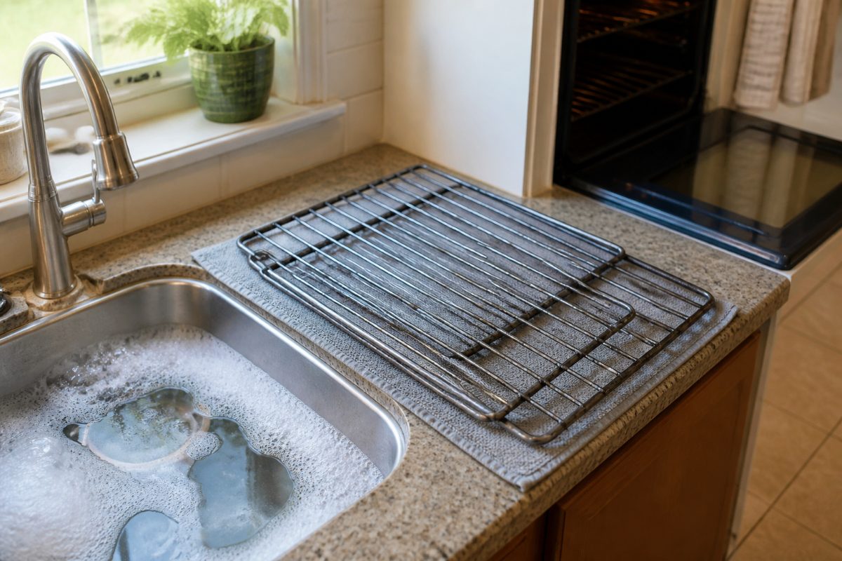 Oven racks are set beside a sink to be washed separately with warm, soapy water.