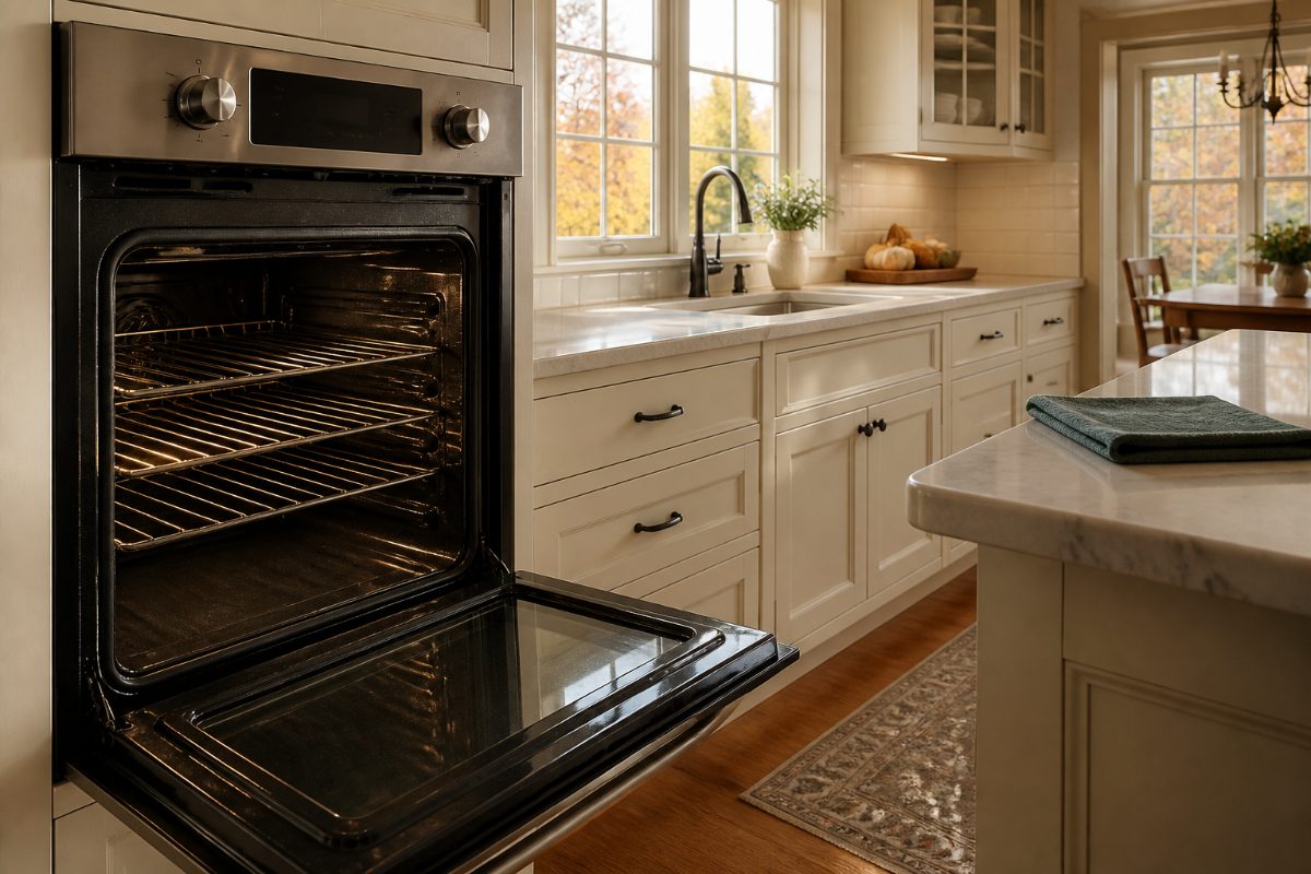 A clean, dry oven is ready for holiday cooking after its racks have been returned.