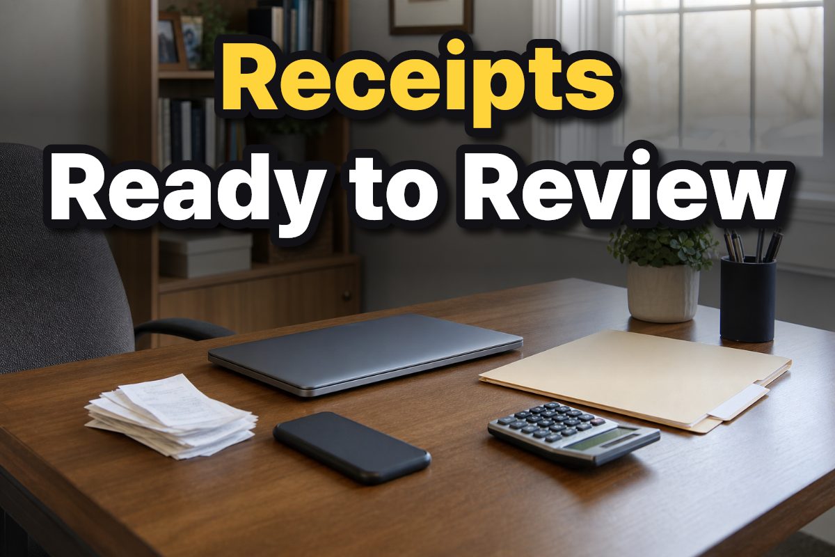 A neat home office desk holds a small stack of receipts, a folder, a calculator, and a closed laptop.