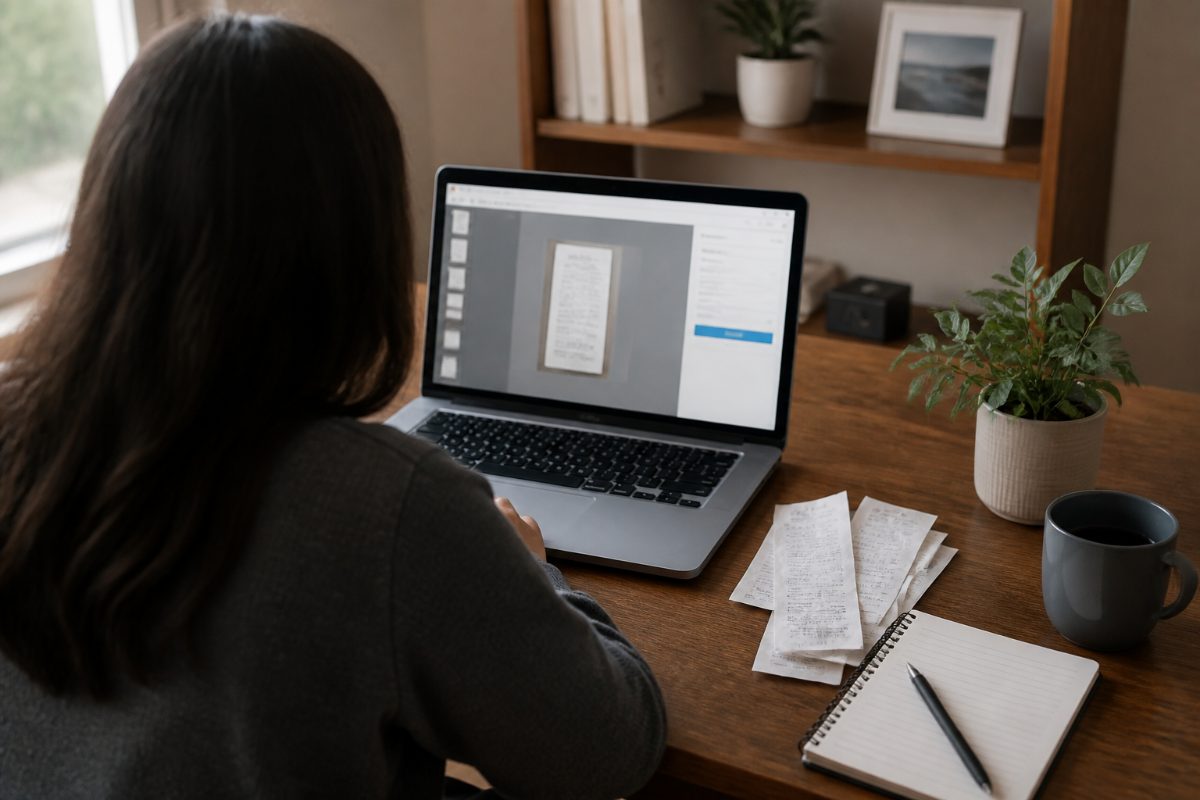 A person reviews a digital receipt alongside a small pile of paper receipts at a home office desk.