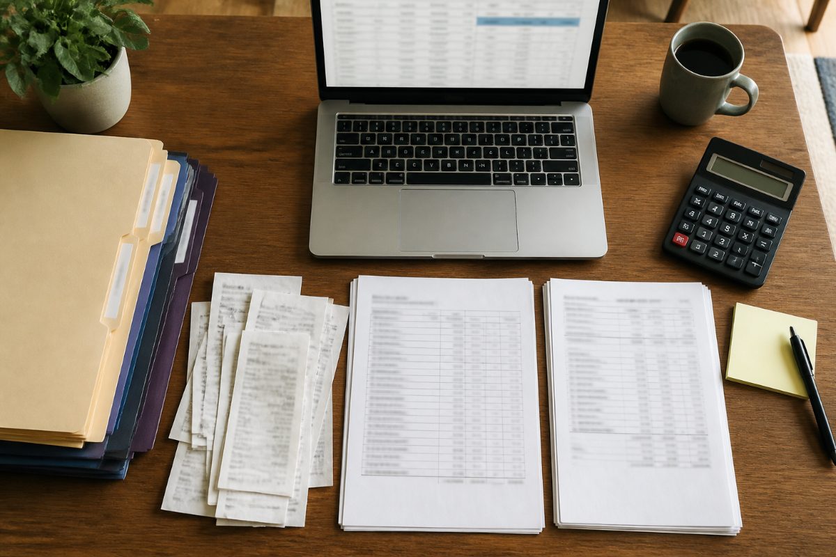 Receipts, folders, a calculator, and a laptop are arranged for checking bookkeeping transactions.