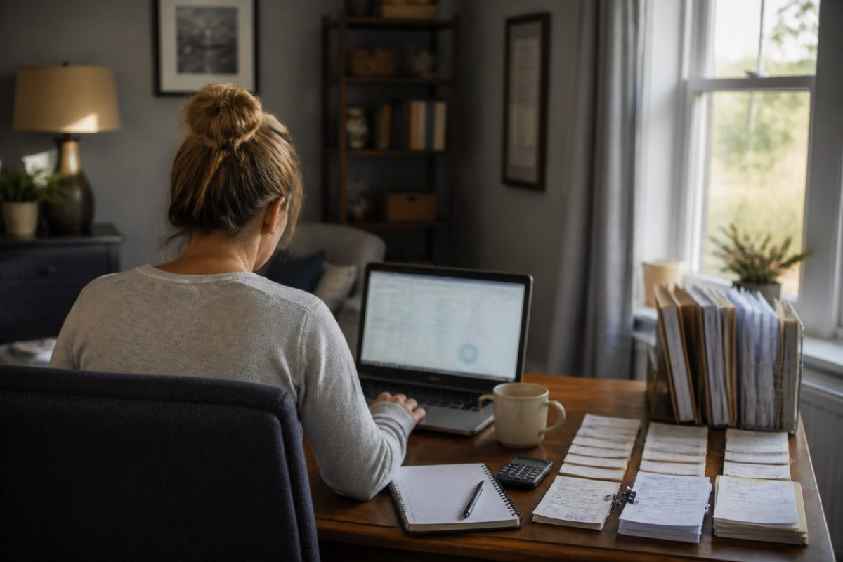 A small business owner reviews organized receipts and a monthly bookkeeping report at home.