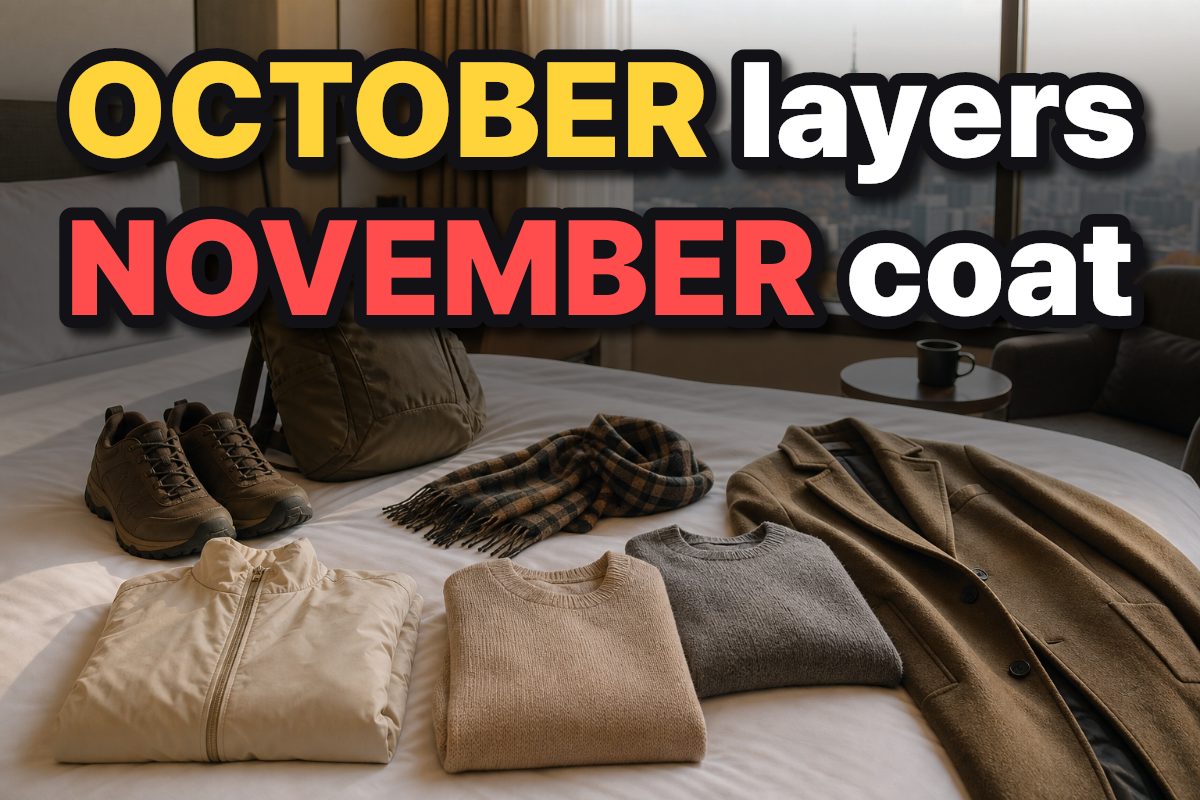 A light jacket, sweaters, warm coat, scarf, walking shoes, and daypack arranged for an autumn trip to South Korea.