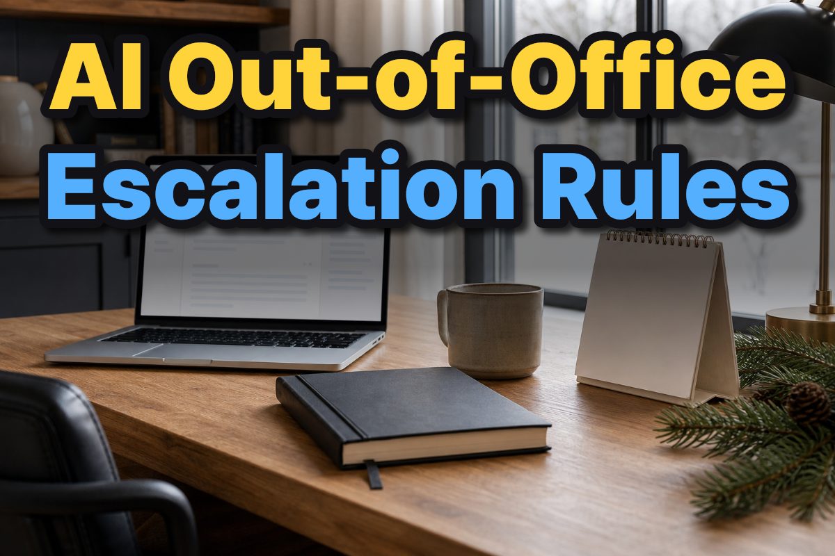 A laptop and planner on a home office desk prepared for a holiday out-of-office period.