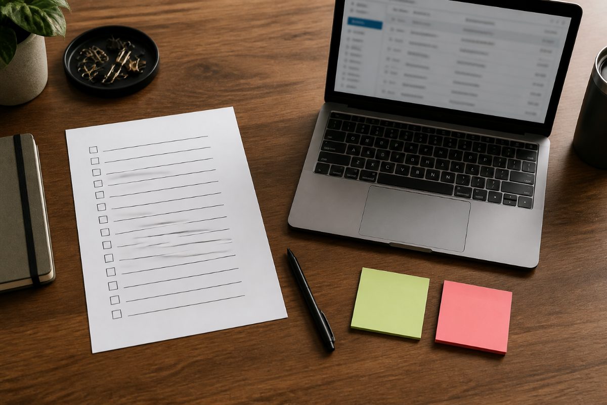 A desk with a blank coverage checklist and an inbox illustrating separate routine and urgent message paths.