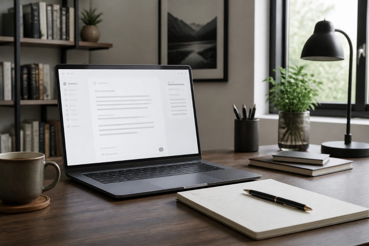 A laptop with a generic writing interface beside a blank notepad for reviewing an AI-drafted reply.