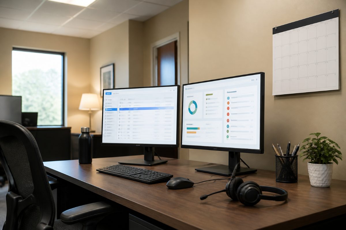 A customer support desk with abstract email and ticket screens representing separate reply and escalation workflows.