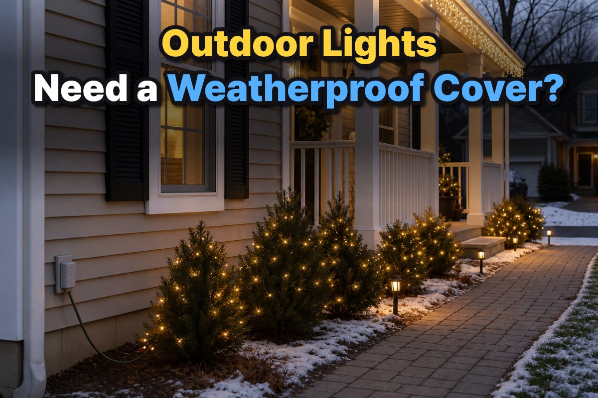 Outdoor Christmas lights on a suburban home with a covered outlet connection.