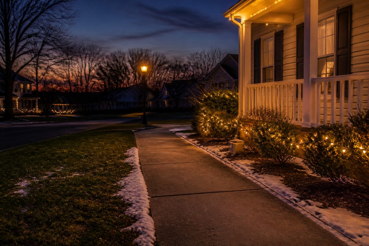 An outdoor Christmas-light cord routed along the yard edge and away from a walkway.