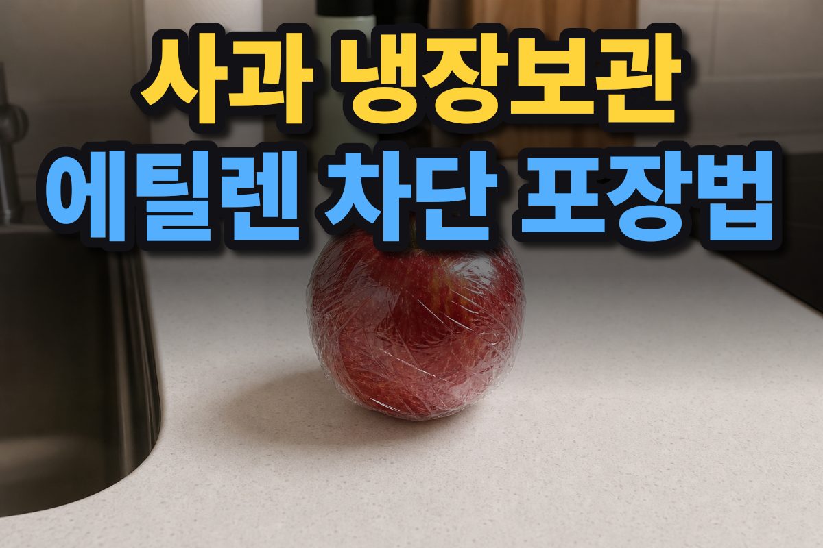 신선한 사과를 랩으로 개별 포장하는 모습