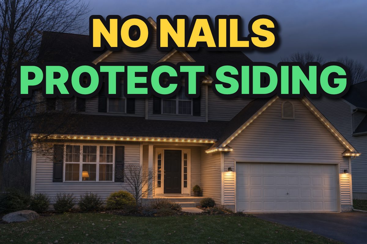 A suburban home with Christmas lights clipped along the eaves without visible siding damage.
