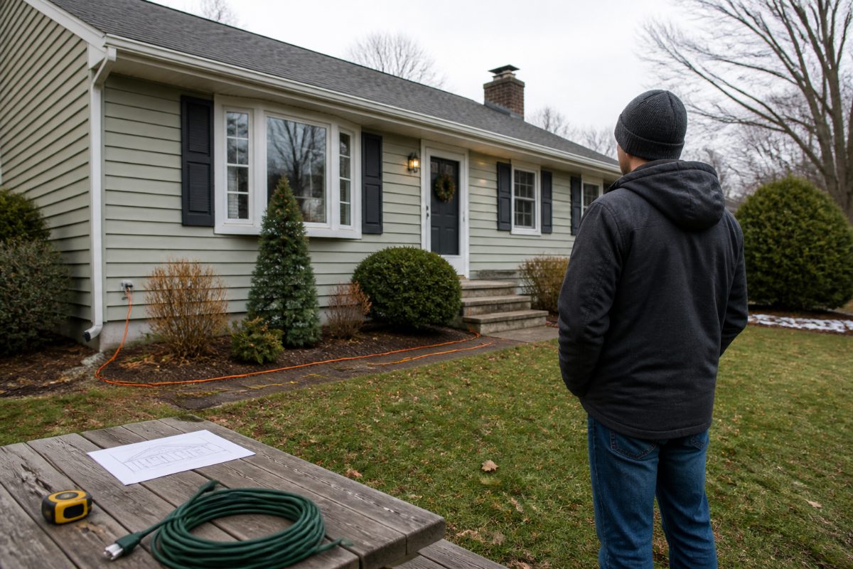 A homeowner plans a light route and checks the cord path beside a house.