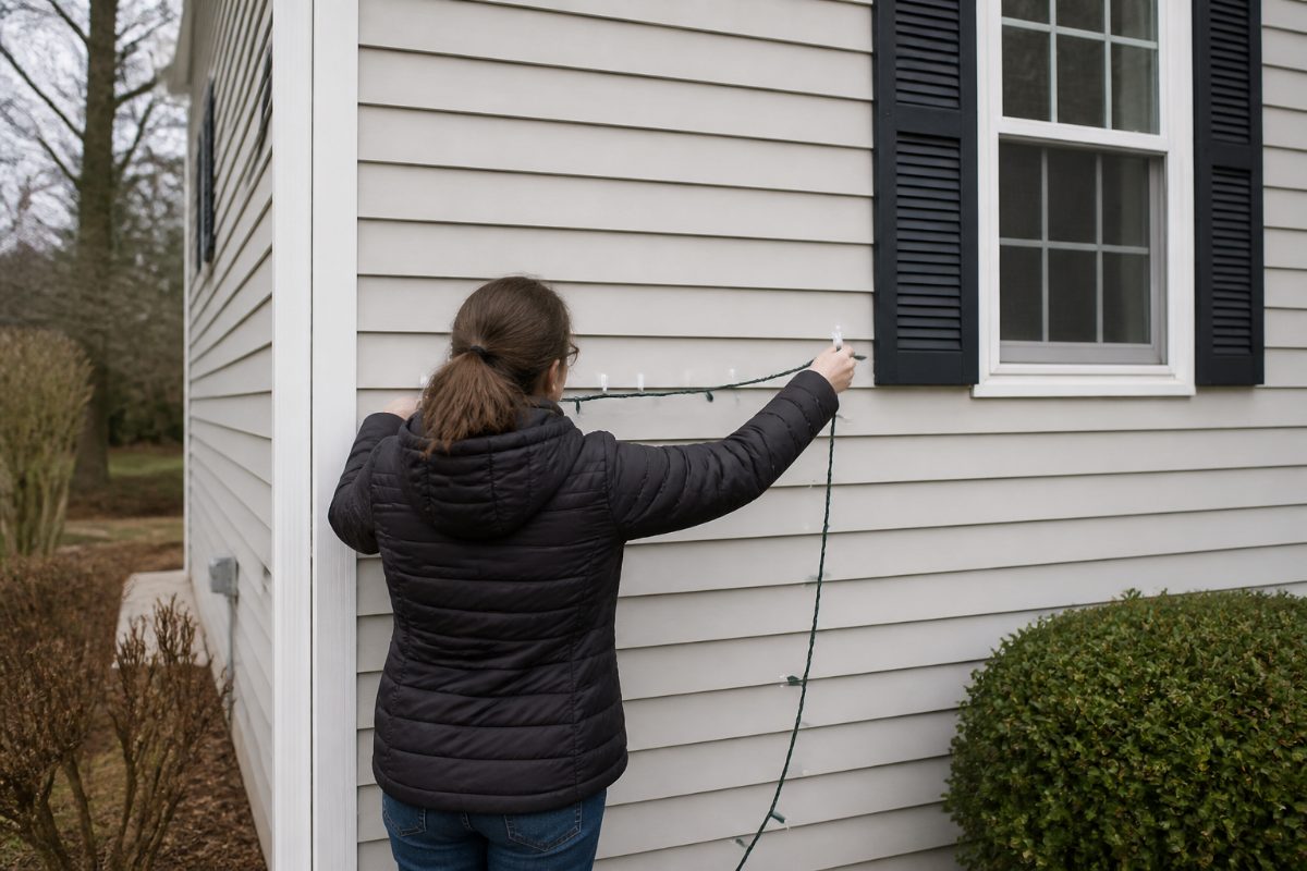 A person gently removes Christmas lights from clips without pulling on the siding.