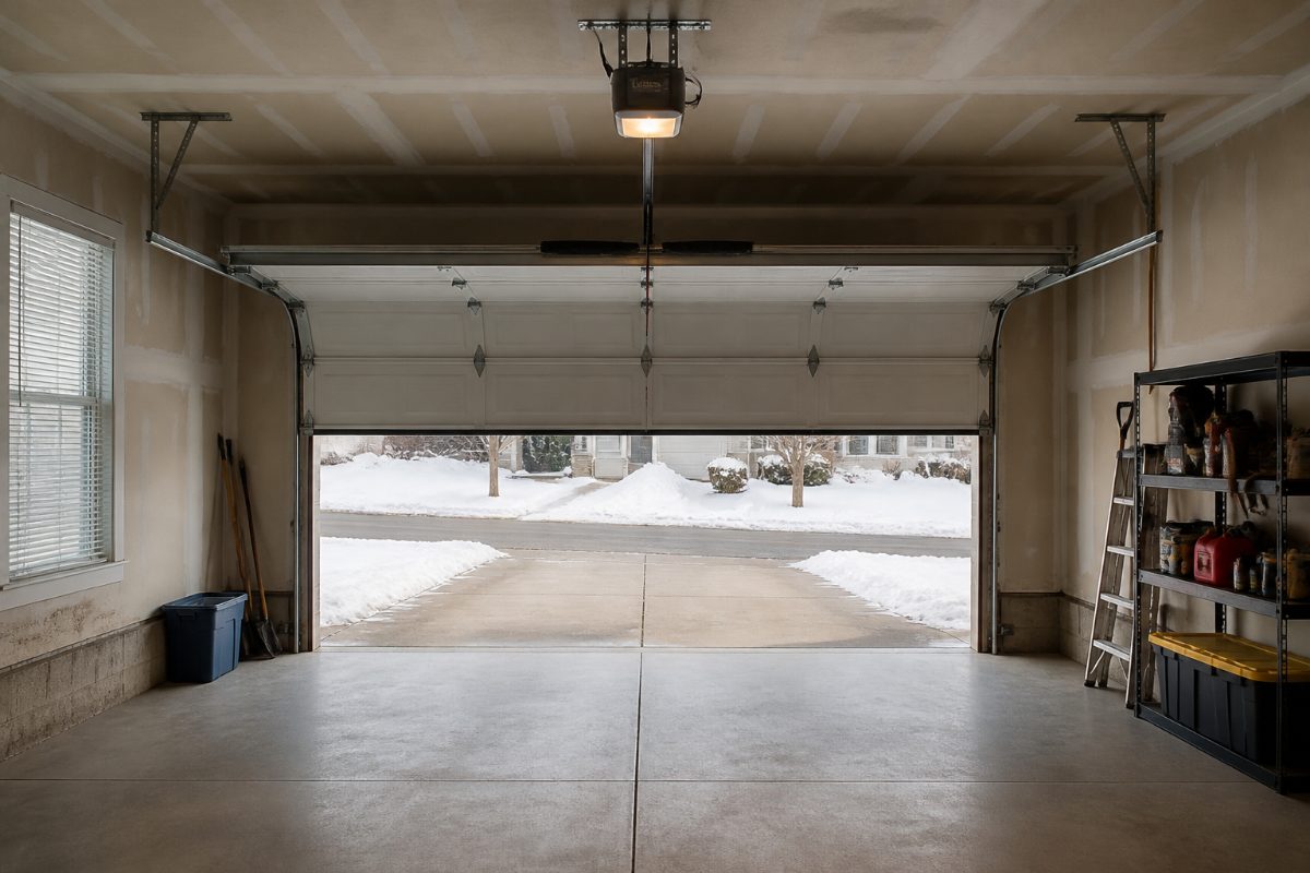 A homeowner’s garage door and opener viewed during a visual troubleshooting check.