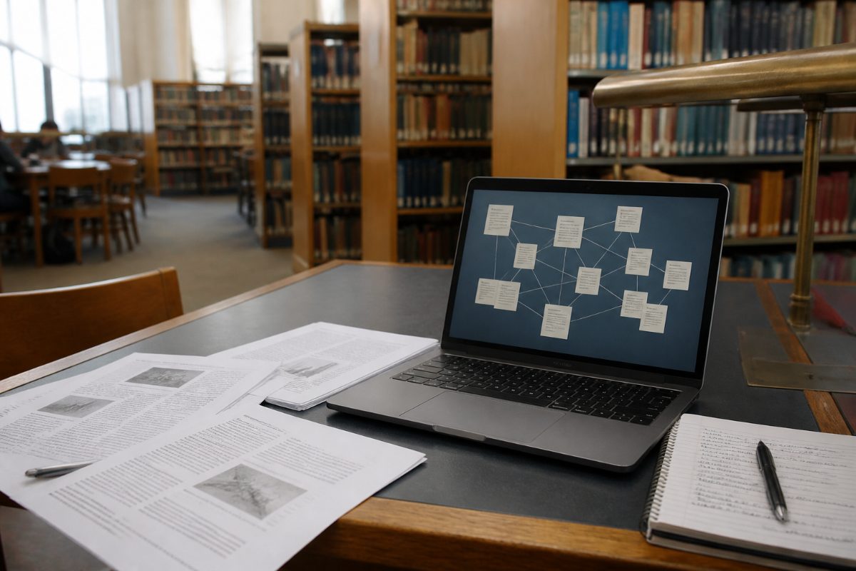 A laptop and academic papers illustrate mapping connections between research sources.