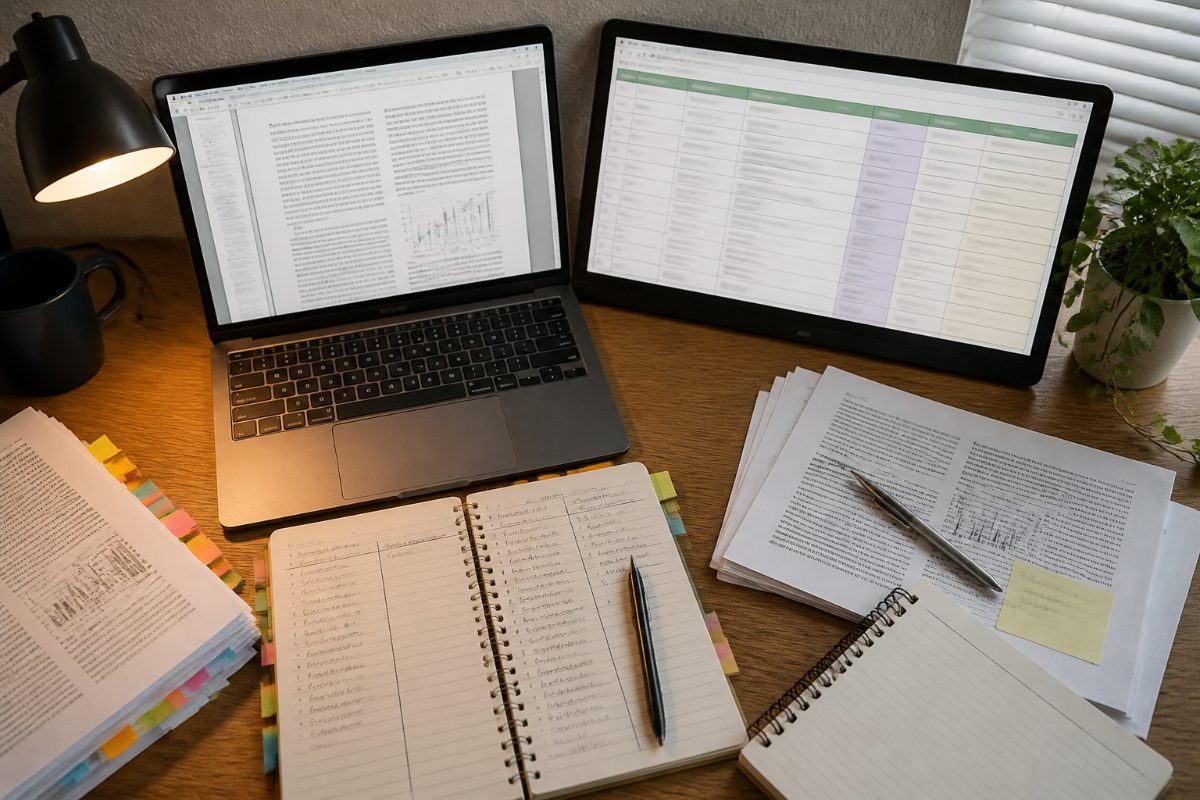 A research workspace arranged for comparing methods and findings across papers.