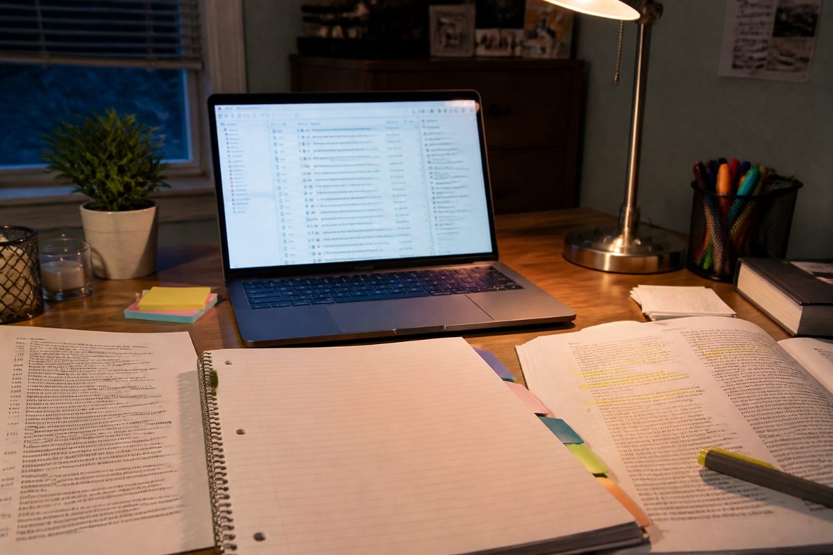 A reference library and printed papers sit together on an organized college research desk.