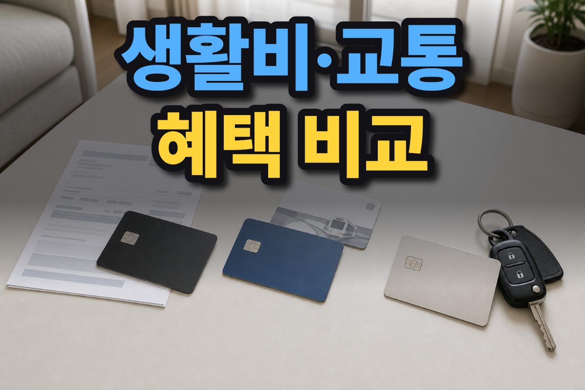 한국 아파트의 밝은 테이블 위에 생활비 고지서와 교통카드, 자동차 열쇠가 놓여 있습니다.
