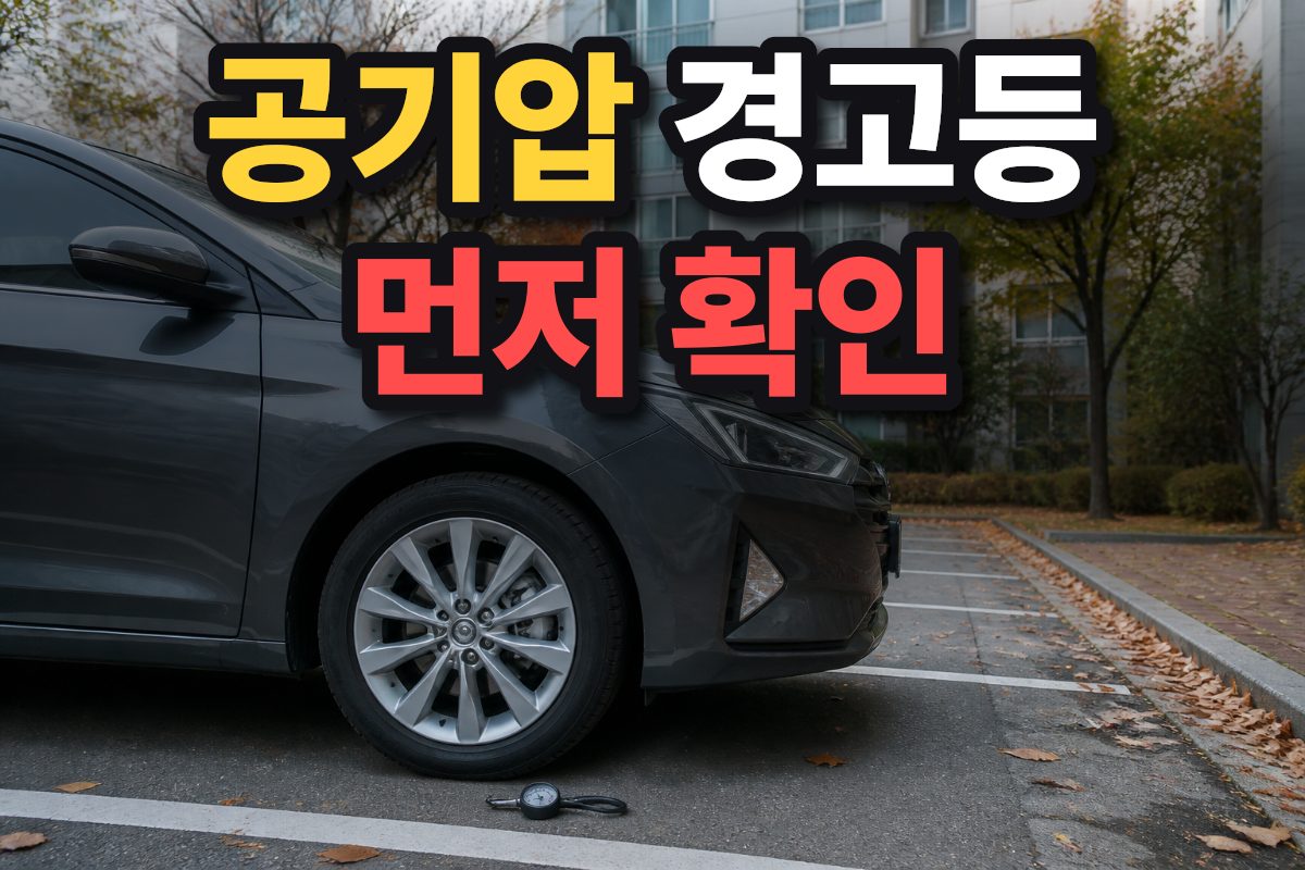 가을 아침 아파트 주차장에 세워진 자동차와 타이어 공기압 측정기가 보입니다.